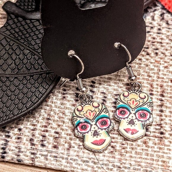 Halloween Day of the Dead Multicolor Skulls Dangle Earrings-Handmade! - Picture 3 of 6
